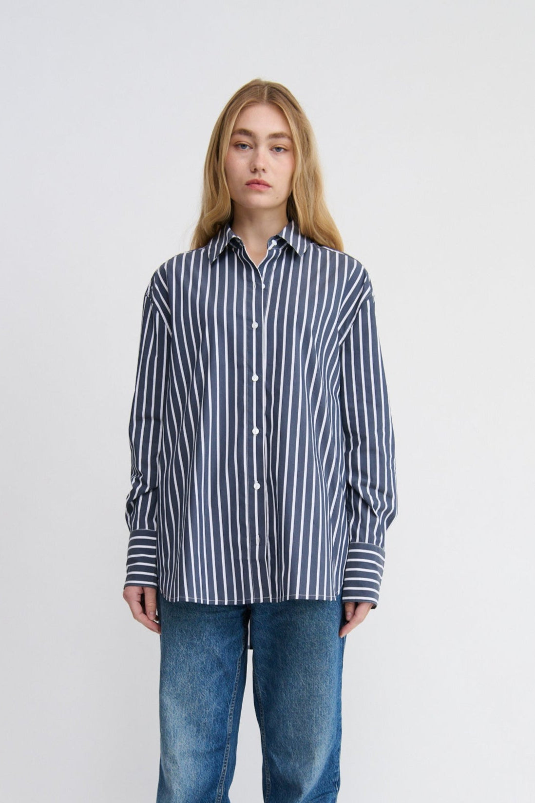 navy and white striped cotton oversized shirt