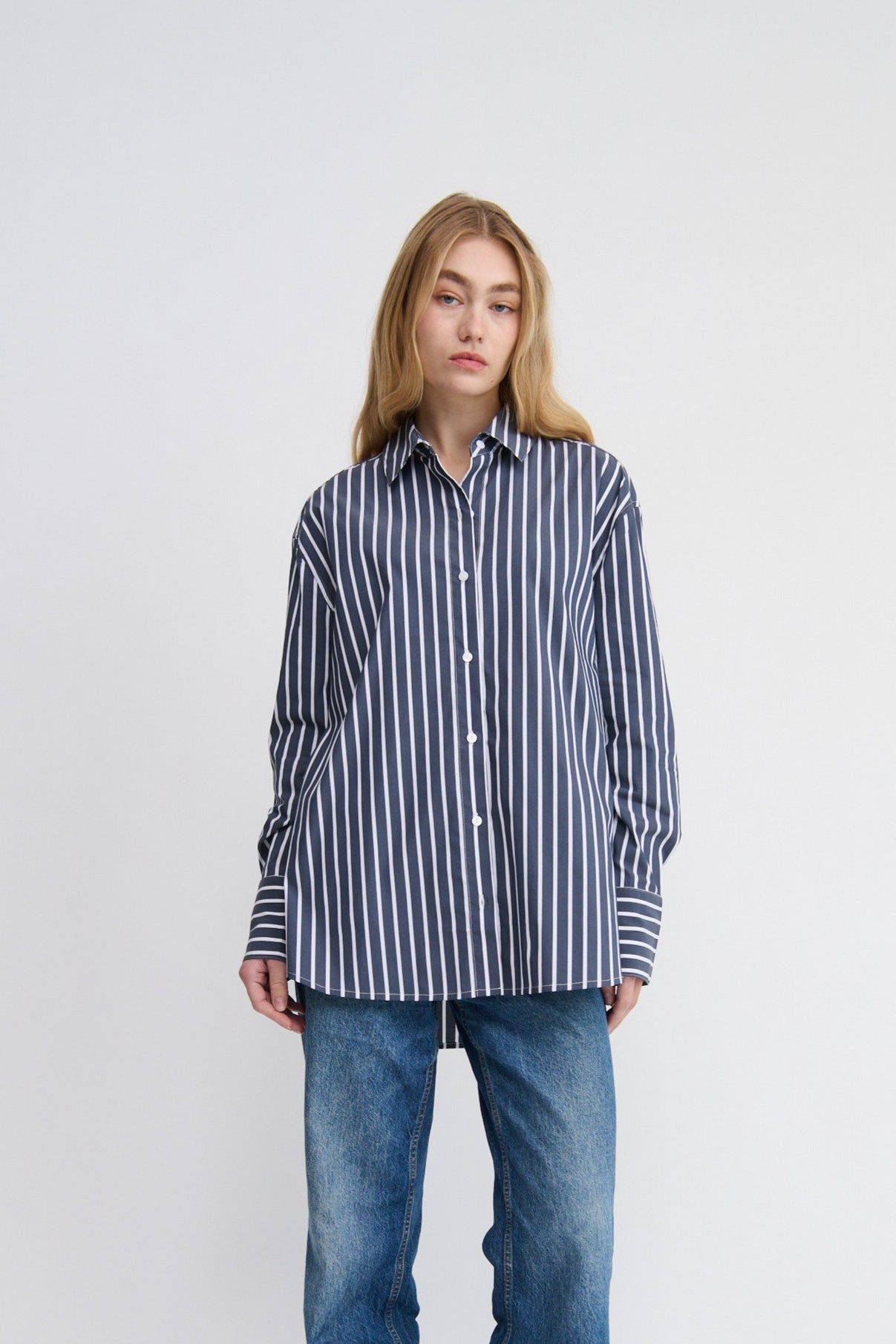 oversized cotton shirt, navy and white stripe