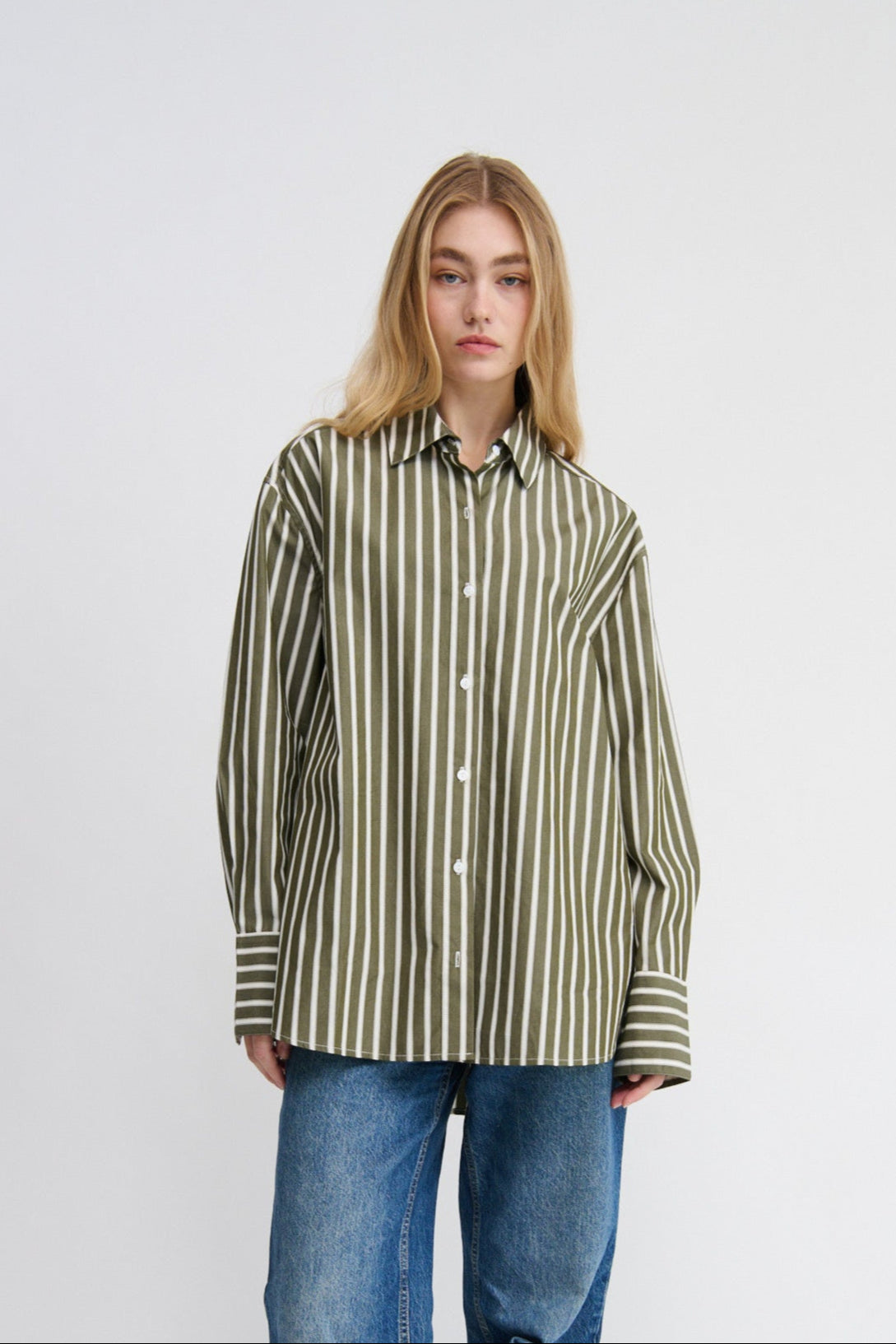ladies cotton oversized shirt, khaki and cream stripe