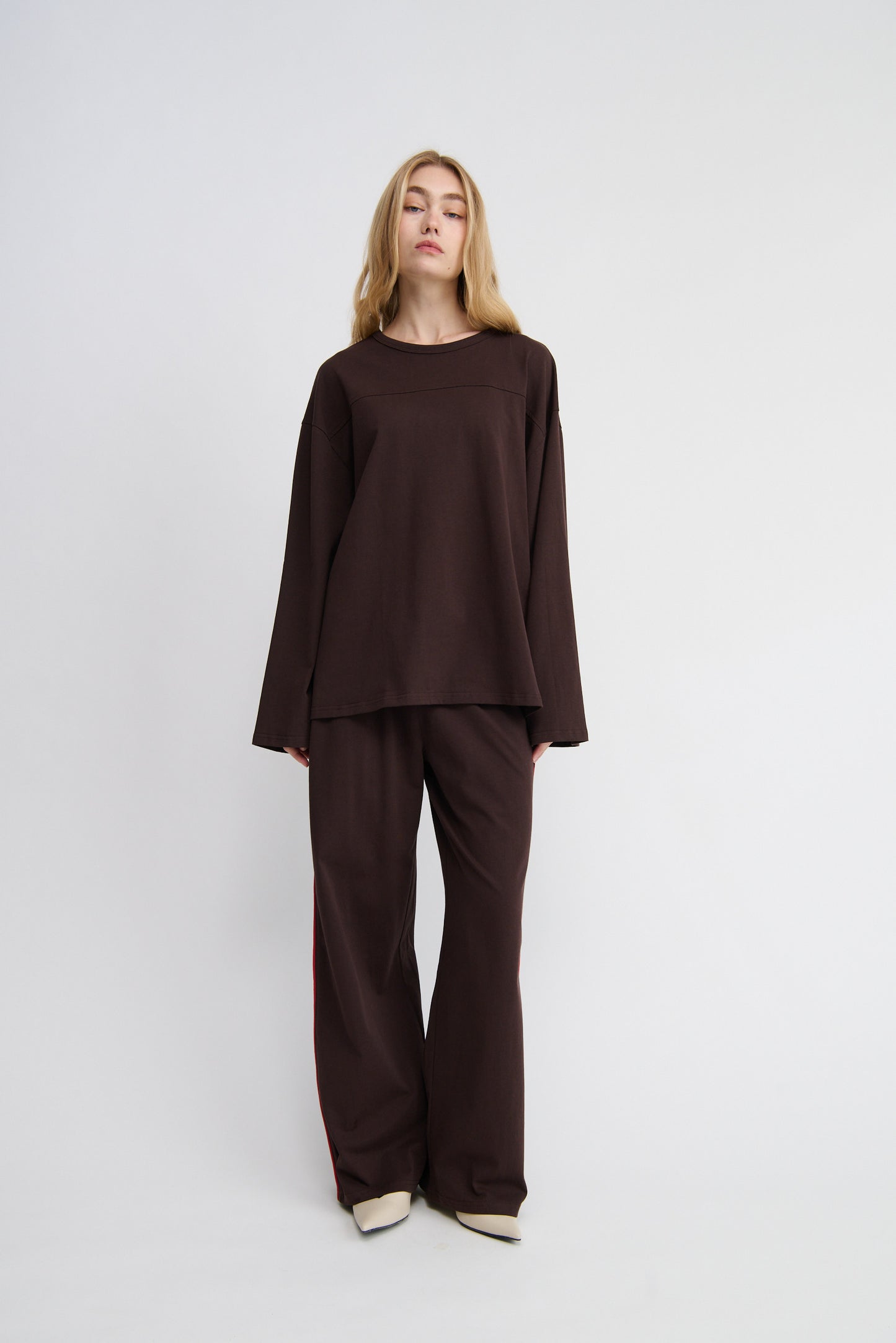 track pant, chocolate, ladies, red pipping