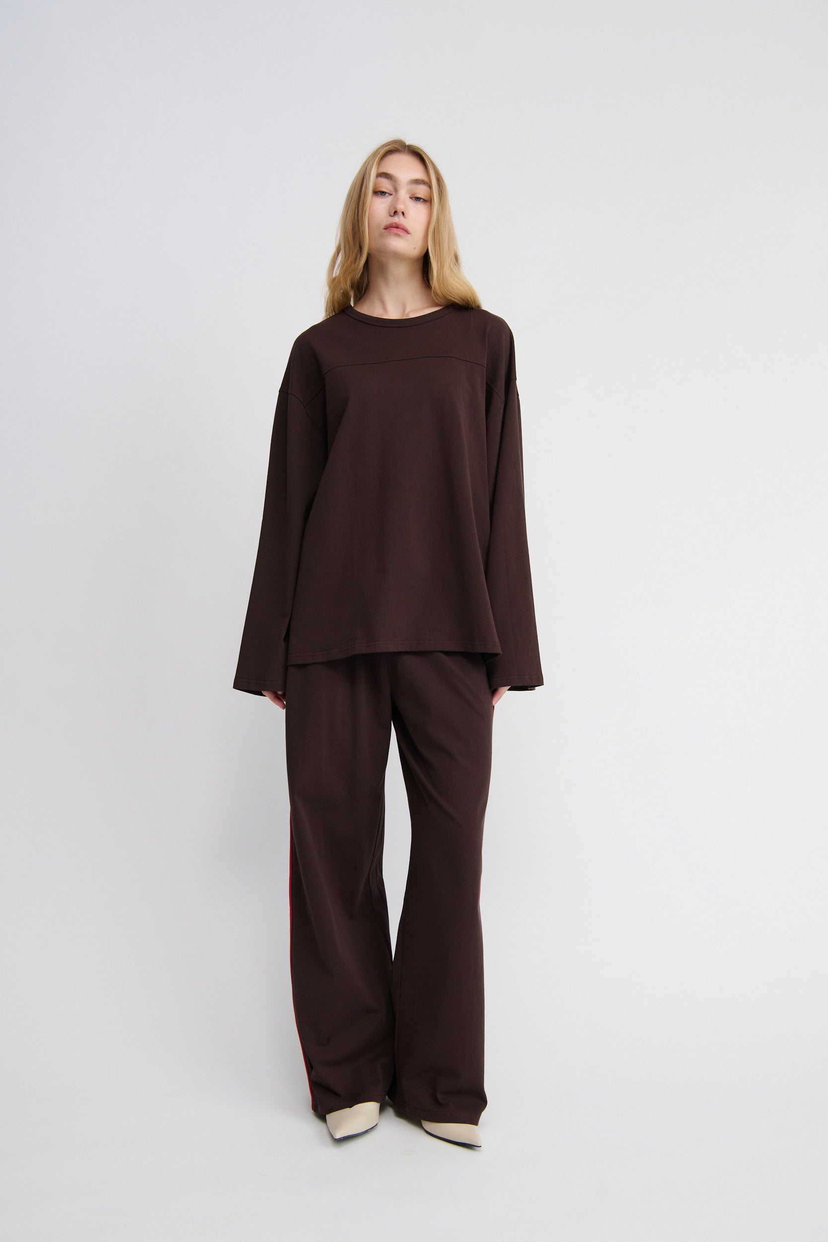 track pant, chocolate, ladies, red pipping