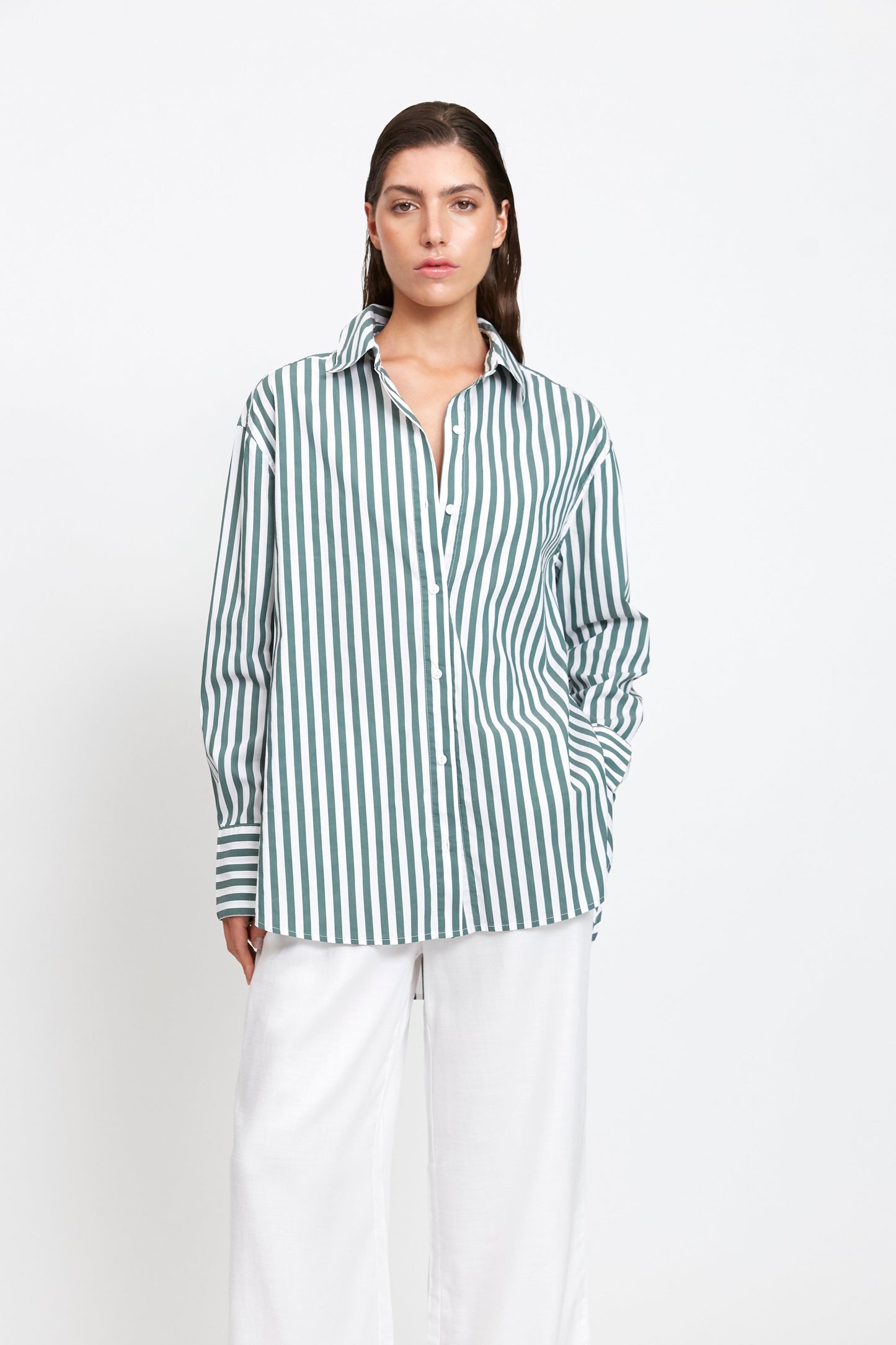 Ladies bottle green and white stripe shirt, oversized, relaxed fit