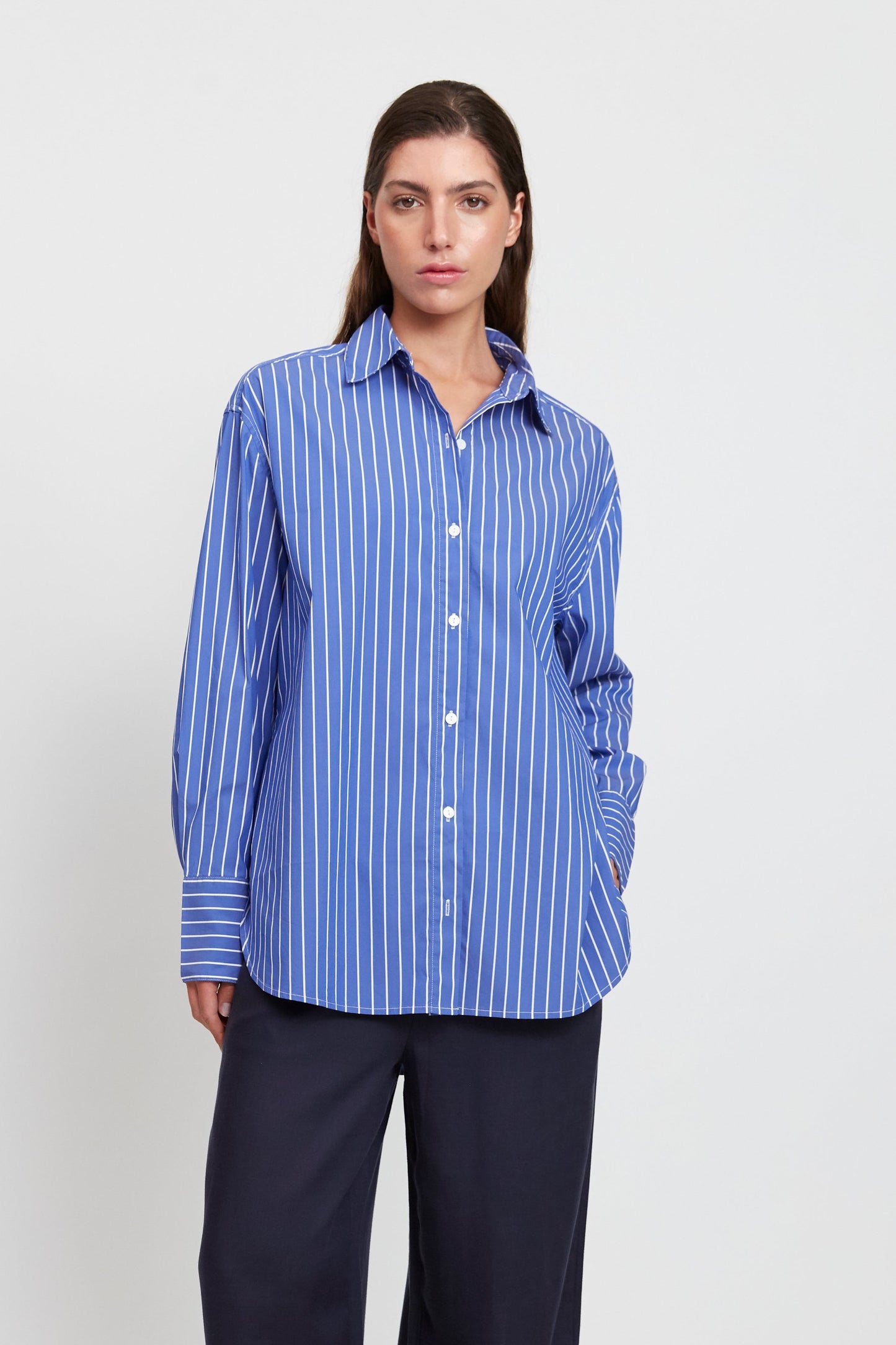 ladies oversized shirt, cornflower blue and white stripe shirt, relaxed fit