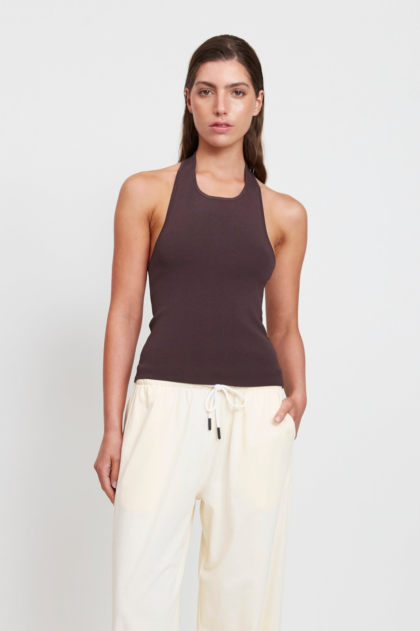 ladies knitted halter top in chocolate