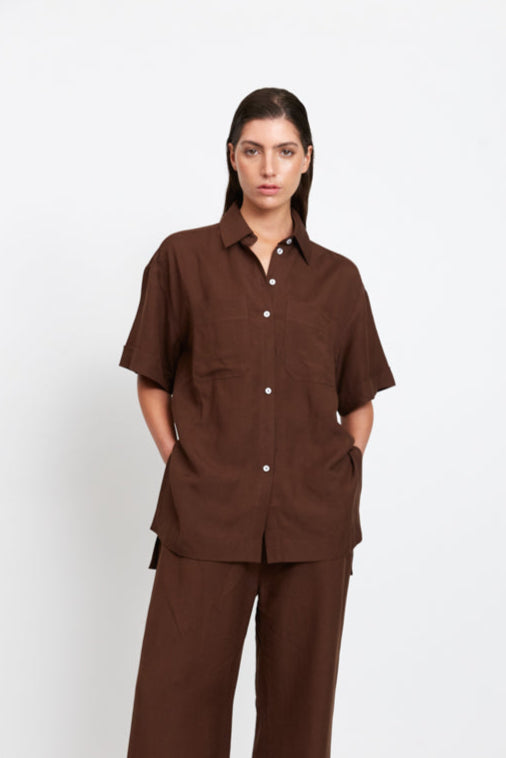 ladies chocolate oversized relaxed fit shirt, linen blend