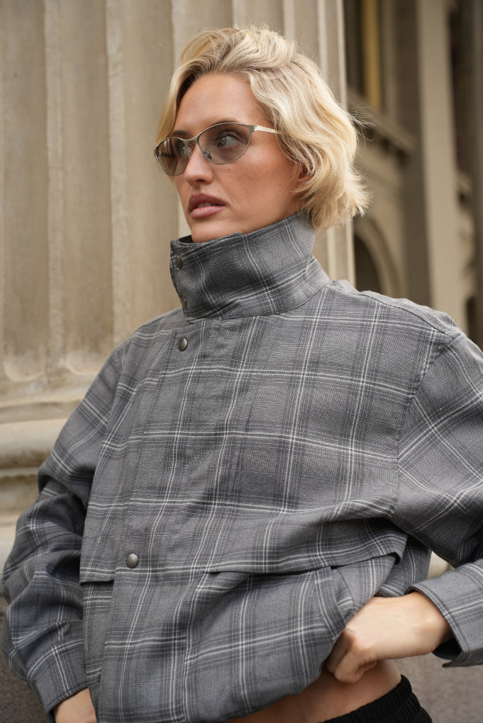 Celeste Funnel Neck Jacket, Grey Check