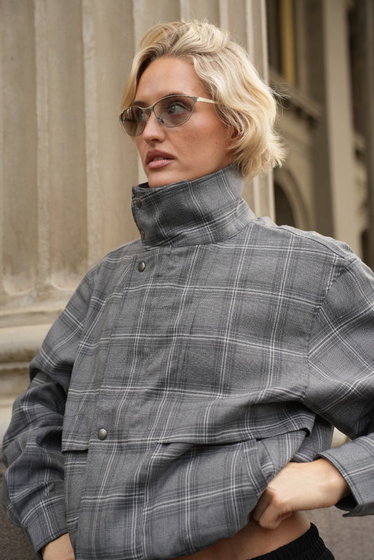 Celeste Funnel Neck Jacket, Grey Check