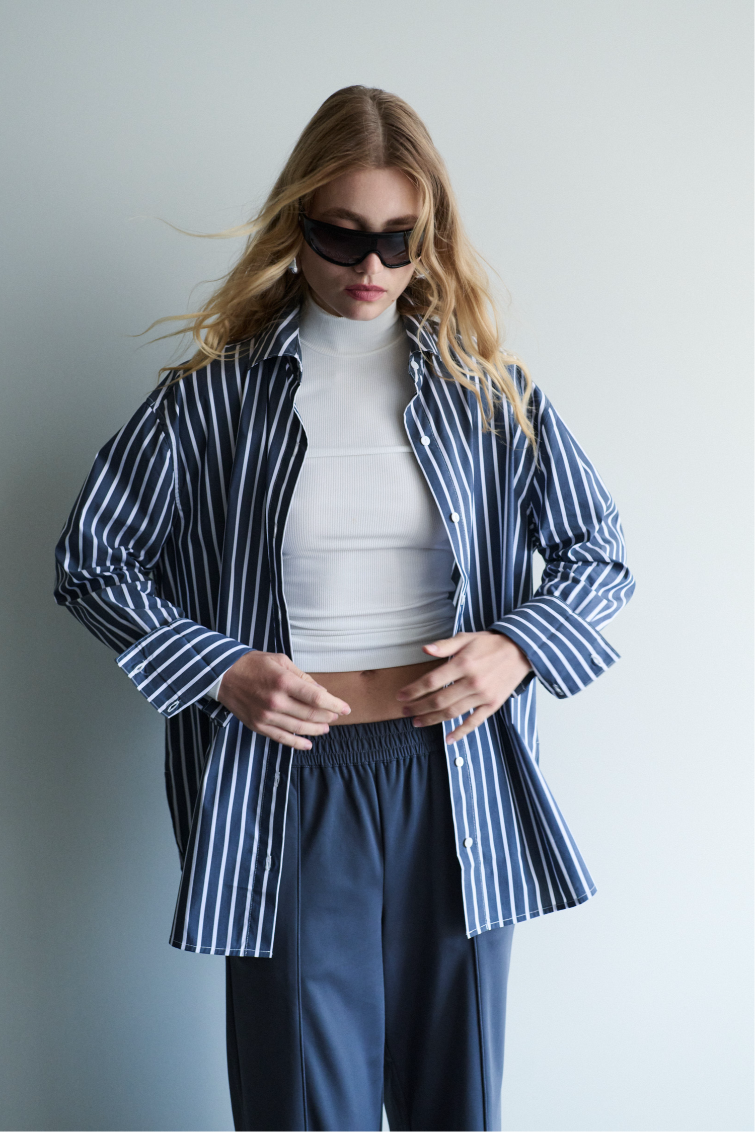 women's oversized navy and white stripe shirt, cotton