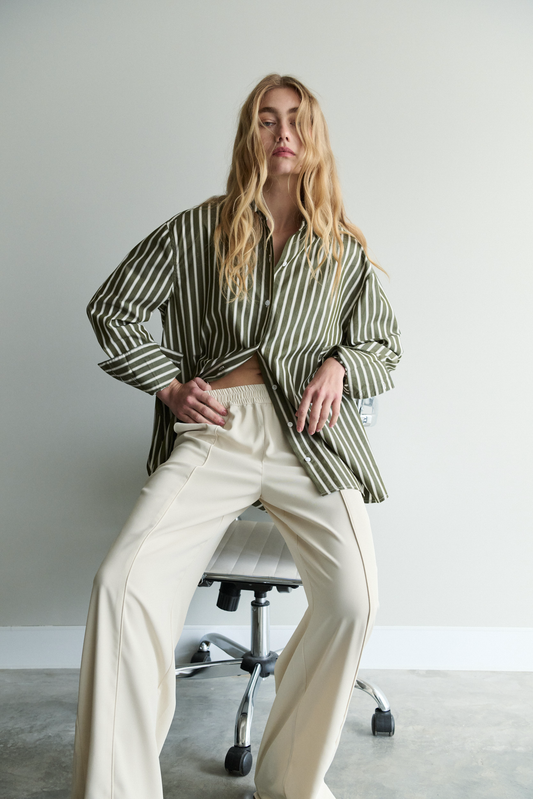 khaki and cream stripe oversized shirt, ladies, cotton